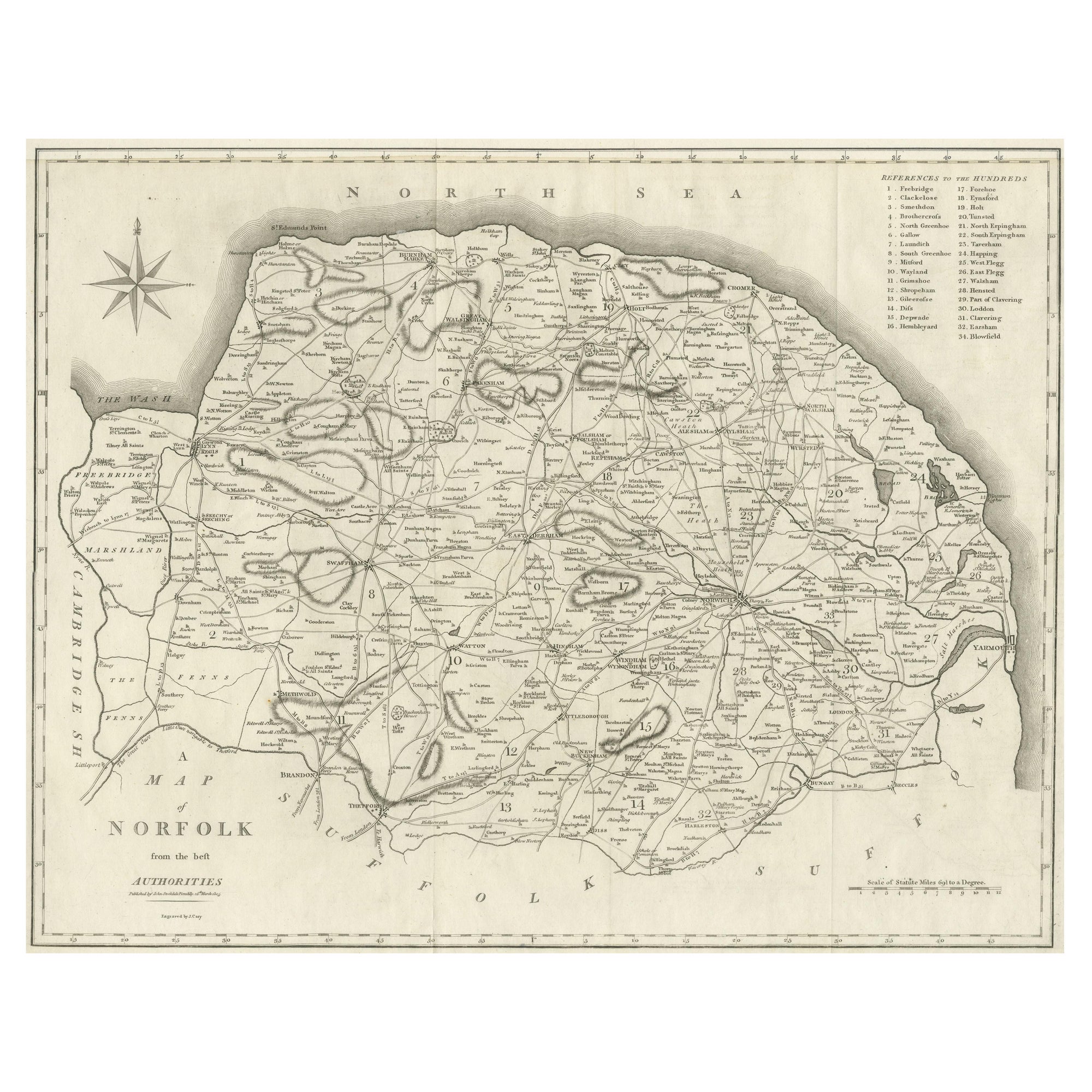 Grande carte ancienne du comté de Norfolk, Angleterre en vente