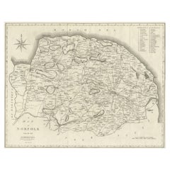 Grande carte ancienne du comté de Norfolk, Angleterre