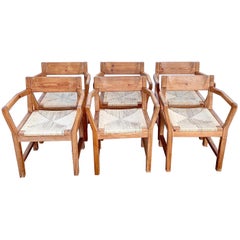 Tage Poulsen Set of 6 Pine and Cord Brutalist Danish Dining Chairs