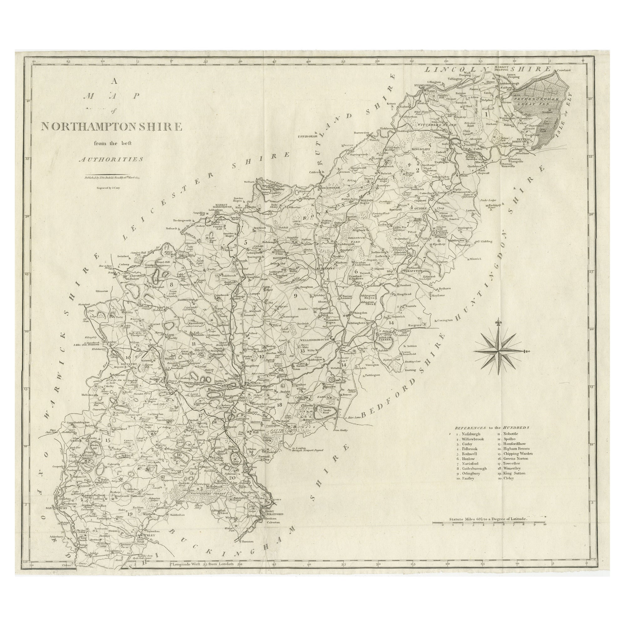 Large Antique County Map of Northamptonshire, England For Sale