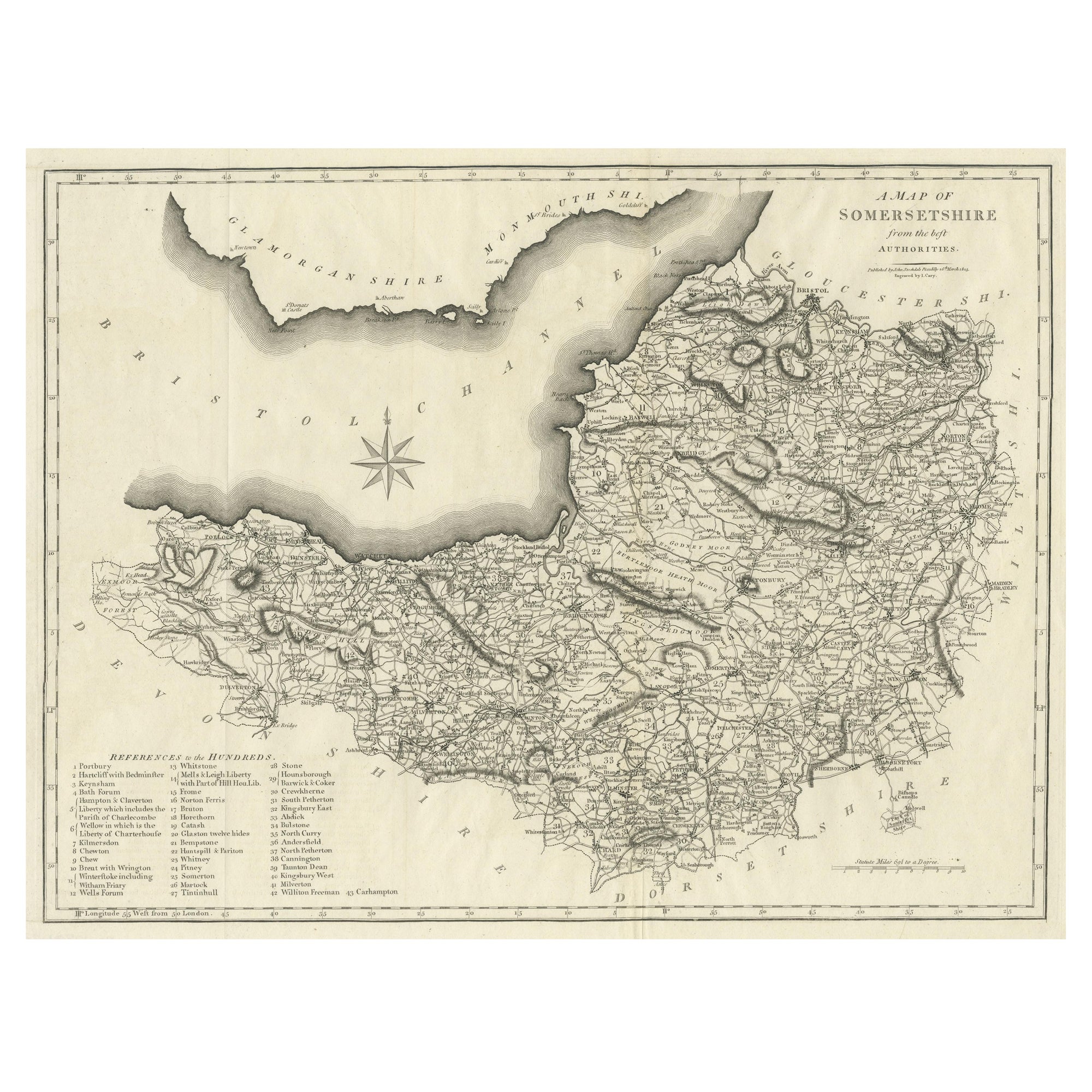 Large Antique County Map of Somersetshire, England For Sale