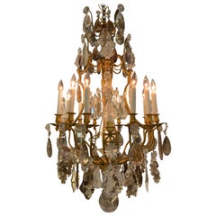 Large French Bronze and Crystal Chandelier with 13 Lights Rock and Smoke Crystal