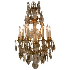 Antique Large French Bronze and Crystal Chandelier with 13 Lights Rock and Smoke Crystal