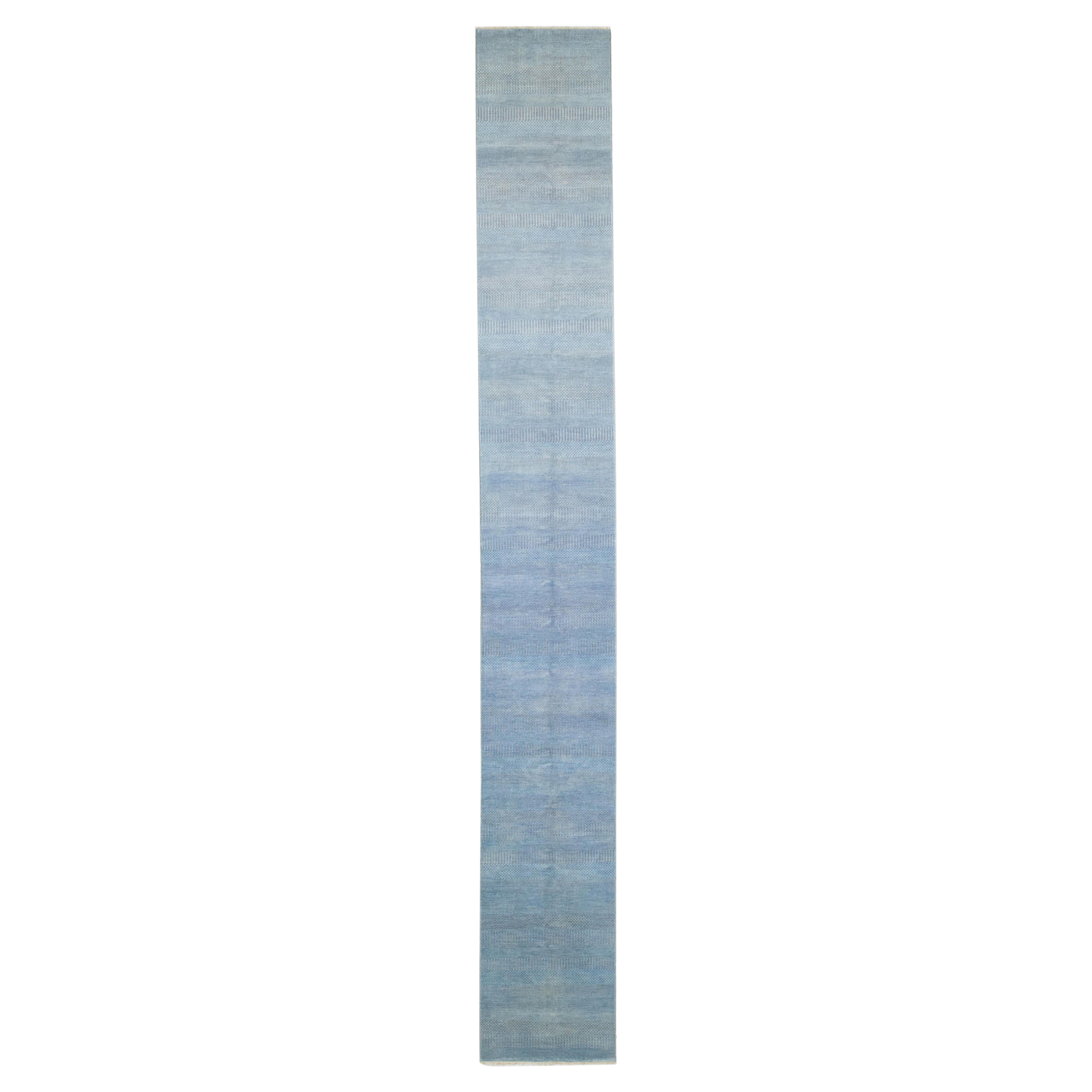 Light Blue Modern Savannah Wool Runner Handmade with Subtle Geometric Pattern