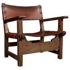 Vintage Spanish Brutalist Wood & Leather Armchairs, 1960s