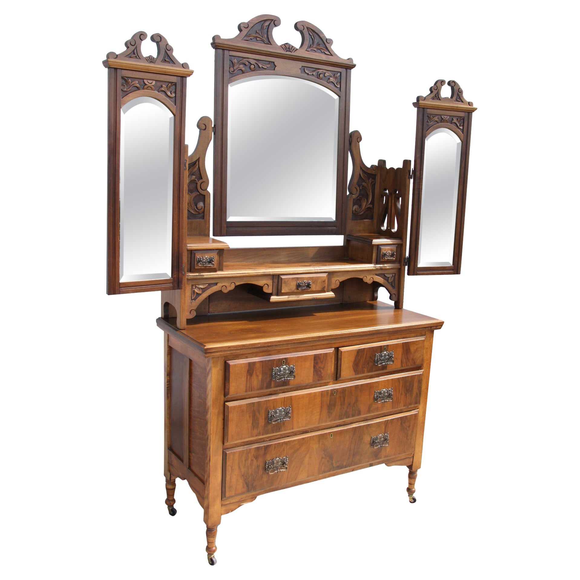 Antique Victorian Walnut Mirrored Vanity Dresser For Sale