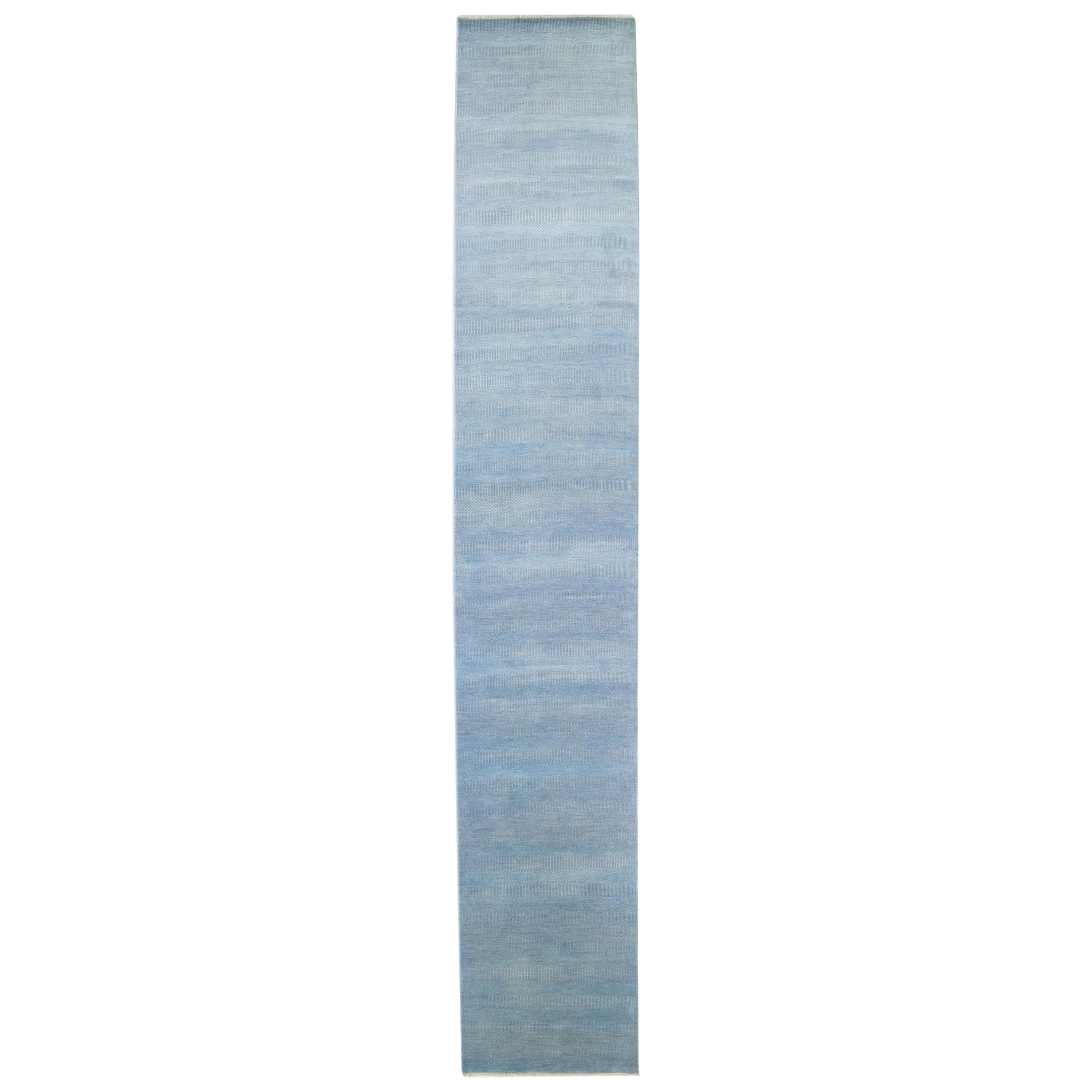 Modern Savannah Wool Runner Handmade with Subtle Geometric Motif in Light Blue  For Sale
