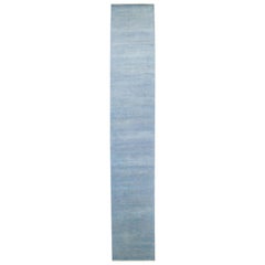 Modern Savannah Wool Runner Handmade with Subtle Geometric Motif in Light Blue