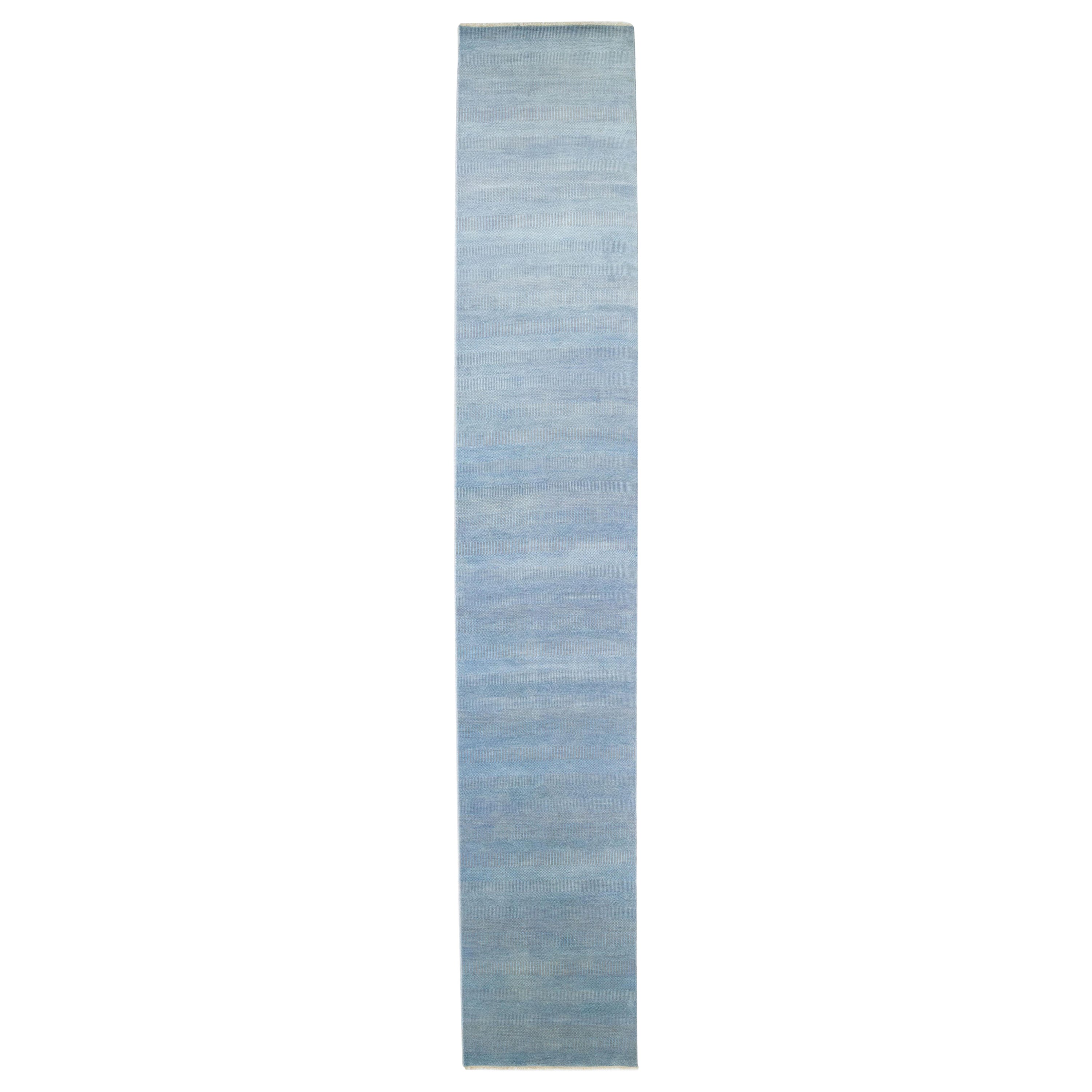 Handmade Modern Savannah Light Blue Wool Runner with Subtle Geometric Pattern For Sale