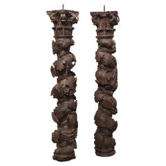 Vintage Pair of 18th Century Carved Chestnut Solomonic Columns from Portugal