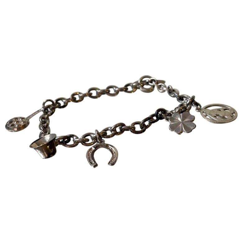 Antique Danish Silver Charm Bracelet with 5 Charms For Sale