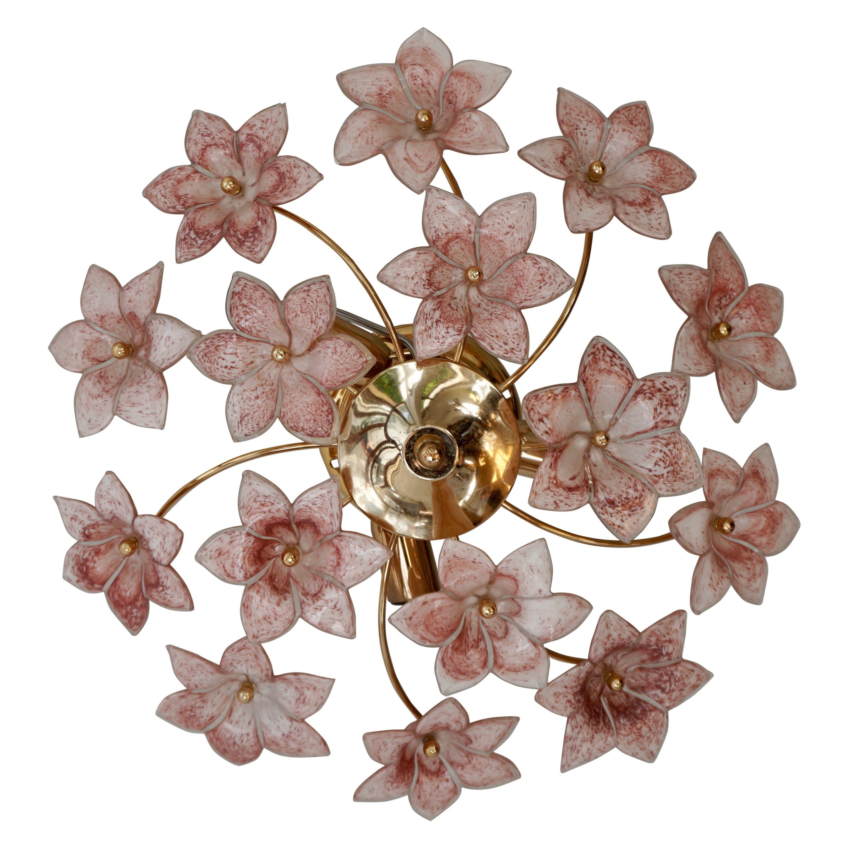 Two Lovely Gilt Brass and Pink Murano Glass Flower Flush Mount , Wall Light  For Sale