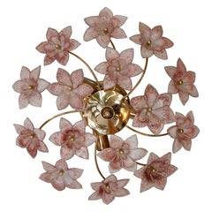 Vintage Two Lovely Gilt Brass and Pink Murano Glass Flower Flush Mount , Wall Light 