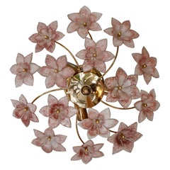 Two Lovely Gilt Brass and Pink Murano Glass Flower Flush Mount , Wall Light 