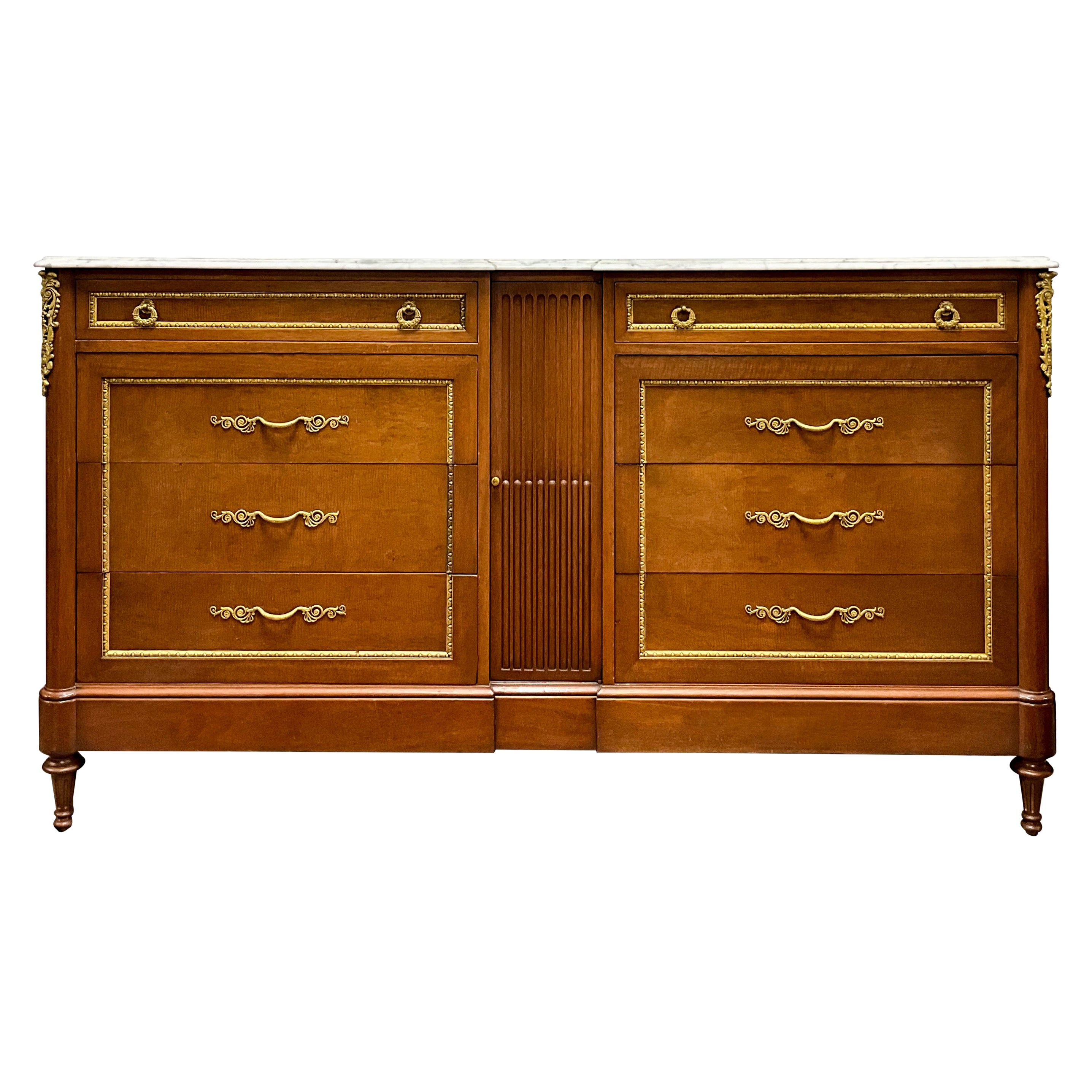 New York Maslow Freen French Style Walnut Gilt Bronze Marble Top Chest / Commode For Sale