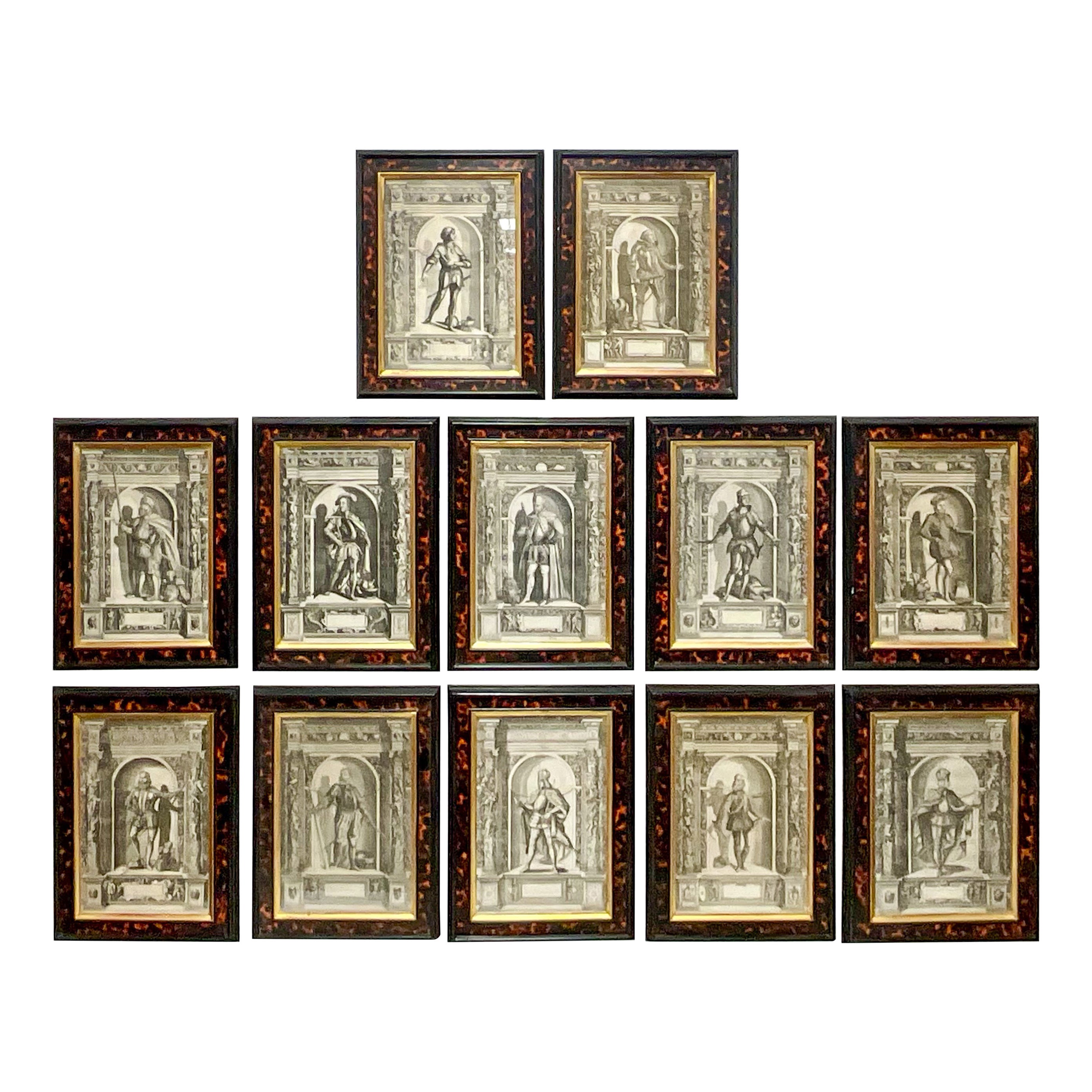 16th-C. Engravings of Nobility Framed in England in Faux Tortoise Frames, S/12 For Sale