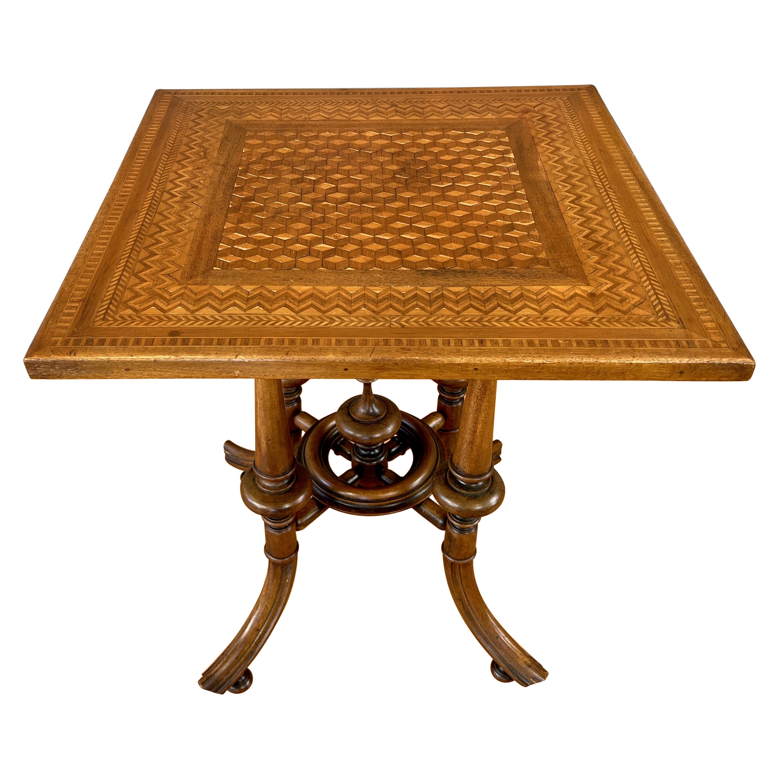 Antique Marquetry-Top Card or Game Table on Turned Wood Base, circa 1900 For Sale