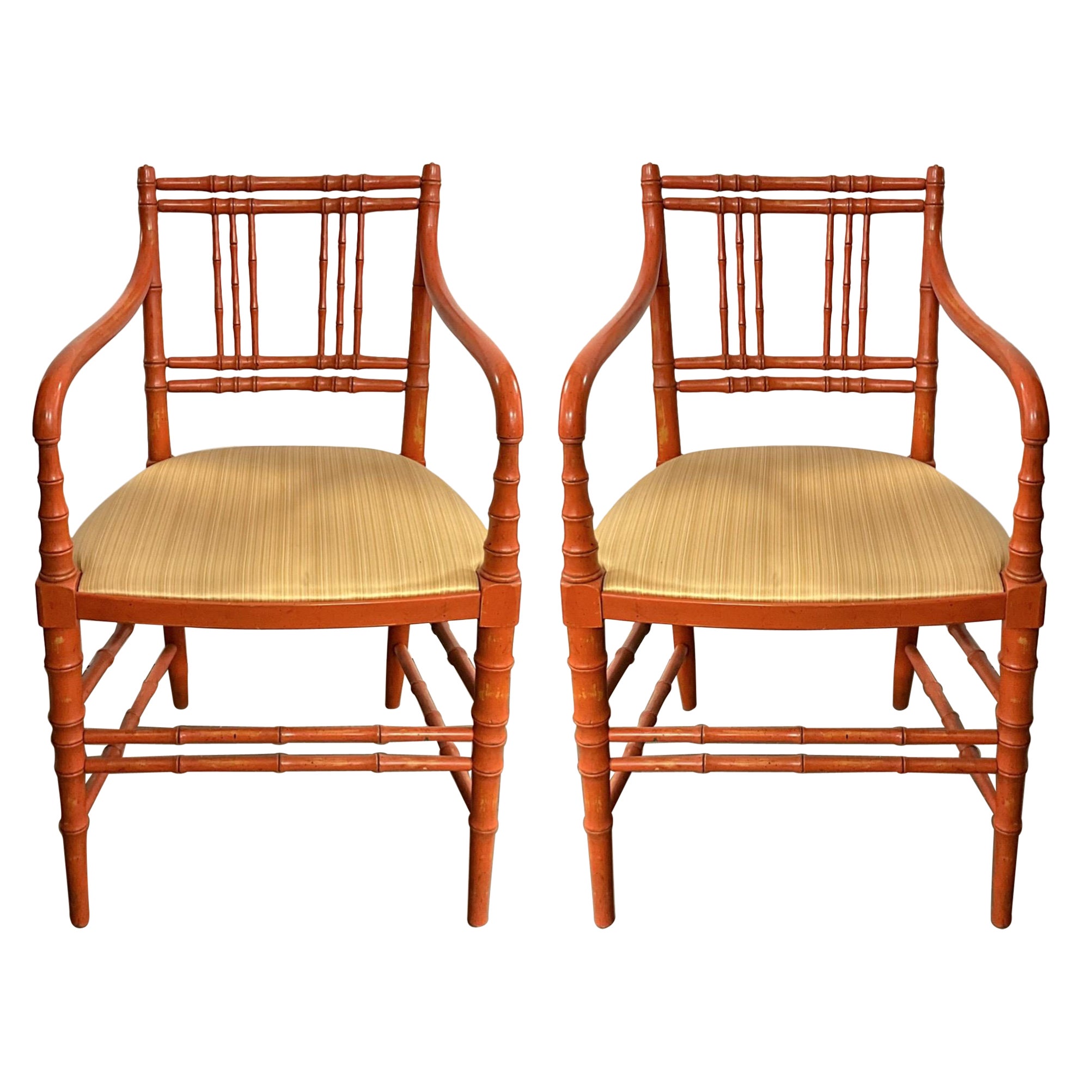 1950s French Style Orange Painted Faux Bamboo Bergere Chairs - Pair