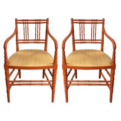 Retro 1950s French Style Orange Painted Faux Bamboo Bergere Chairs - Pair