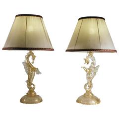 Vintage Pair of Murano Glass Seahorse Table Lamps