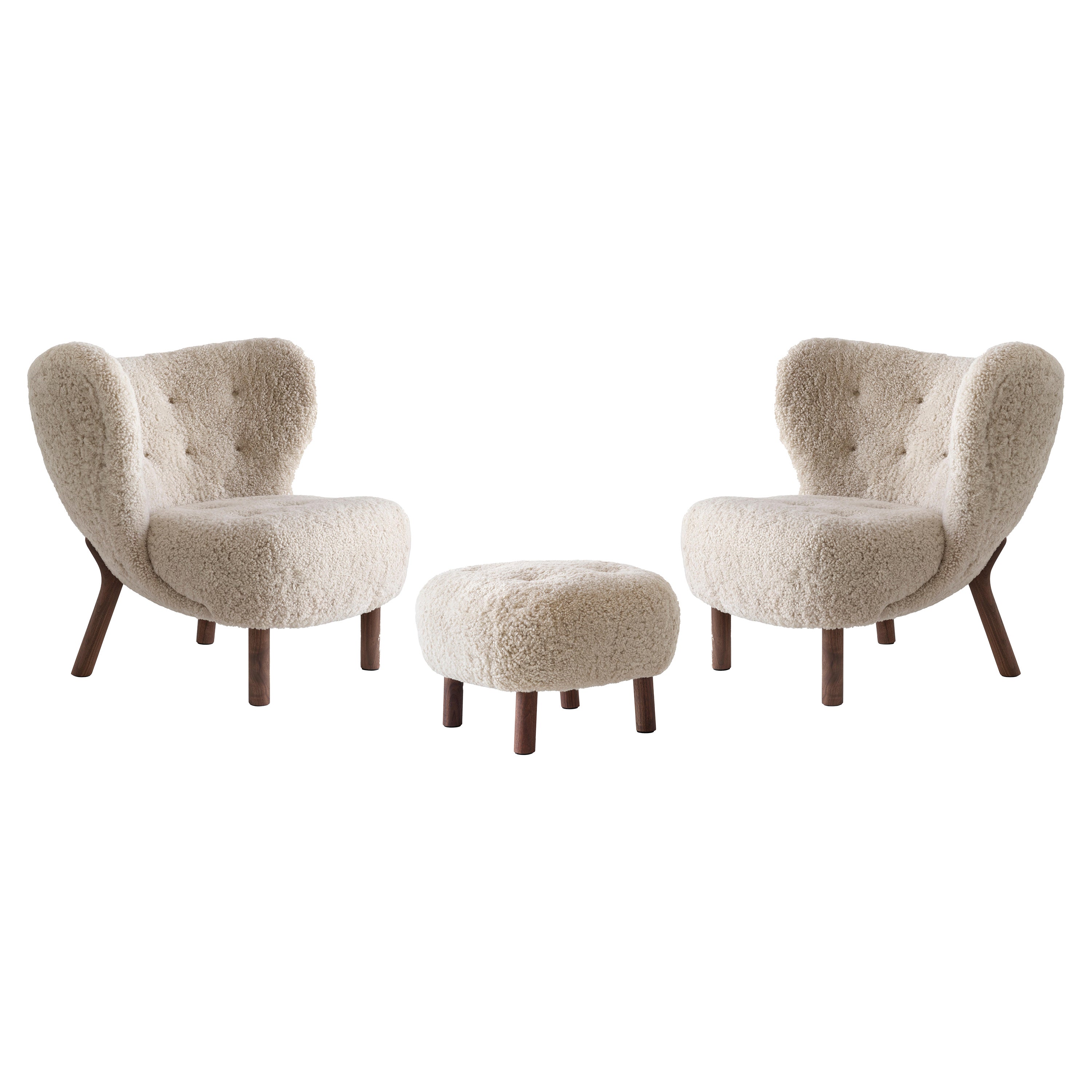 Set of 2 Little Petra & Pouf in Sheepskin M/Walnut by Viggo Boesen for &T For Sale