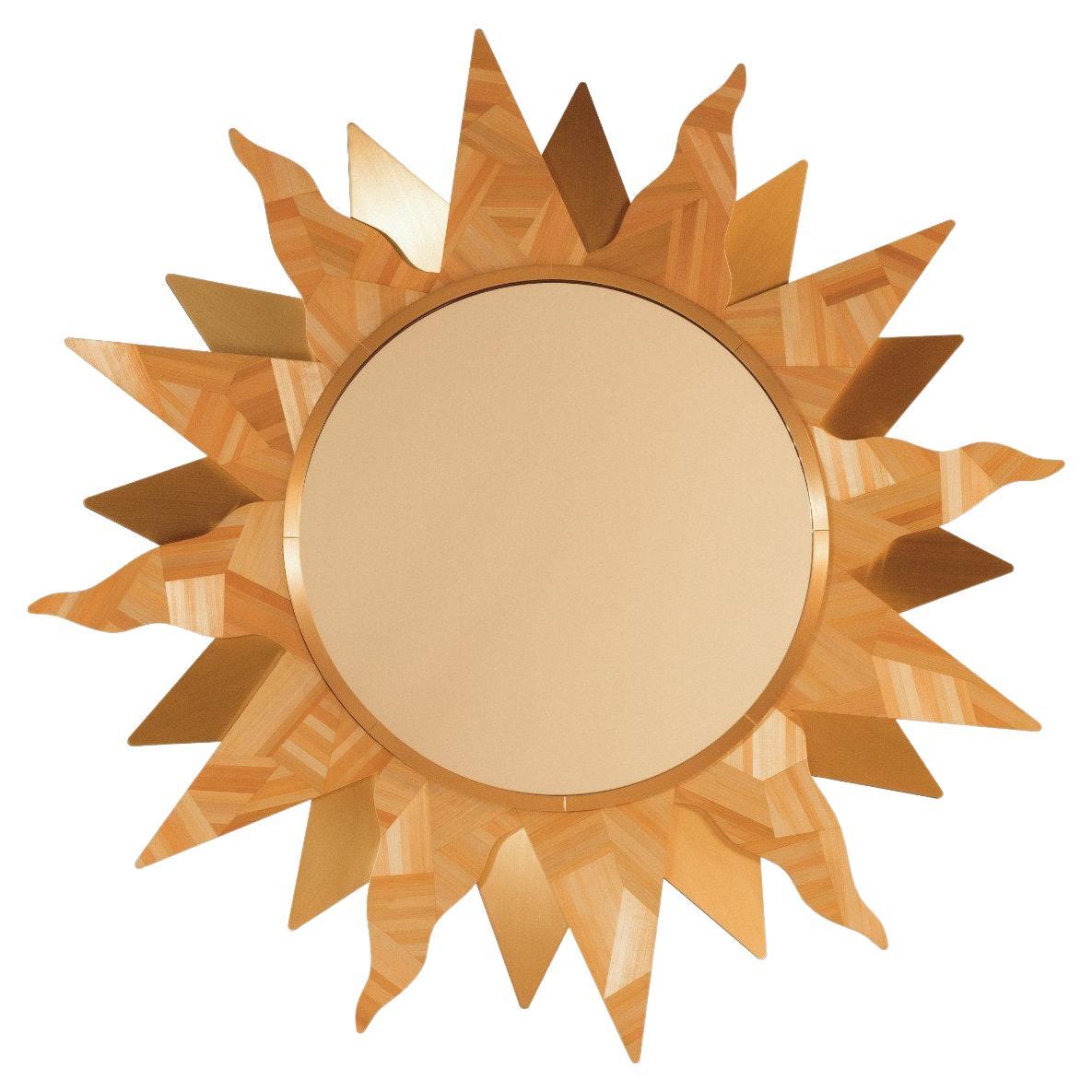 Wall Mirror Sun Straw Marquetry Inlay Collectible Naive Folk Brass Handcrafted For Sale