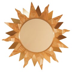 Wall Mirror Sun Straw Marquetry Inlay Collectible Naive Folk Brass Handcrafted