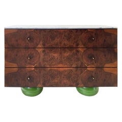 Green Feet Chest of Drawers, Burr Walnut Marble Top and Painted Feet 