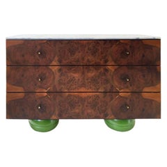 Green Feet Chest of Drawers, Burr Walnut Marble Top and Painted Feet