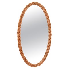 Vintage French Oval Wall Mirror in Rattan, 1960s