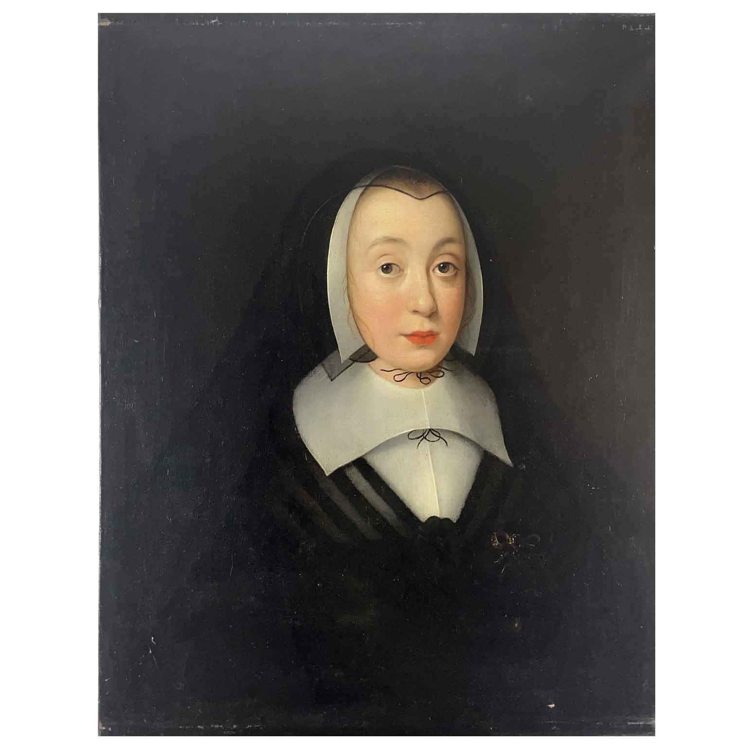 Reputed Portrait of Jane Bromley, as a Young Widow by British, English School, oil on canvas painting circa 1640/1650, in good condition, set in a modern frame. It comes from a private Lombard Italian collection.

Jane Bromley is painted wearing a