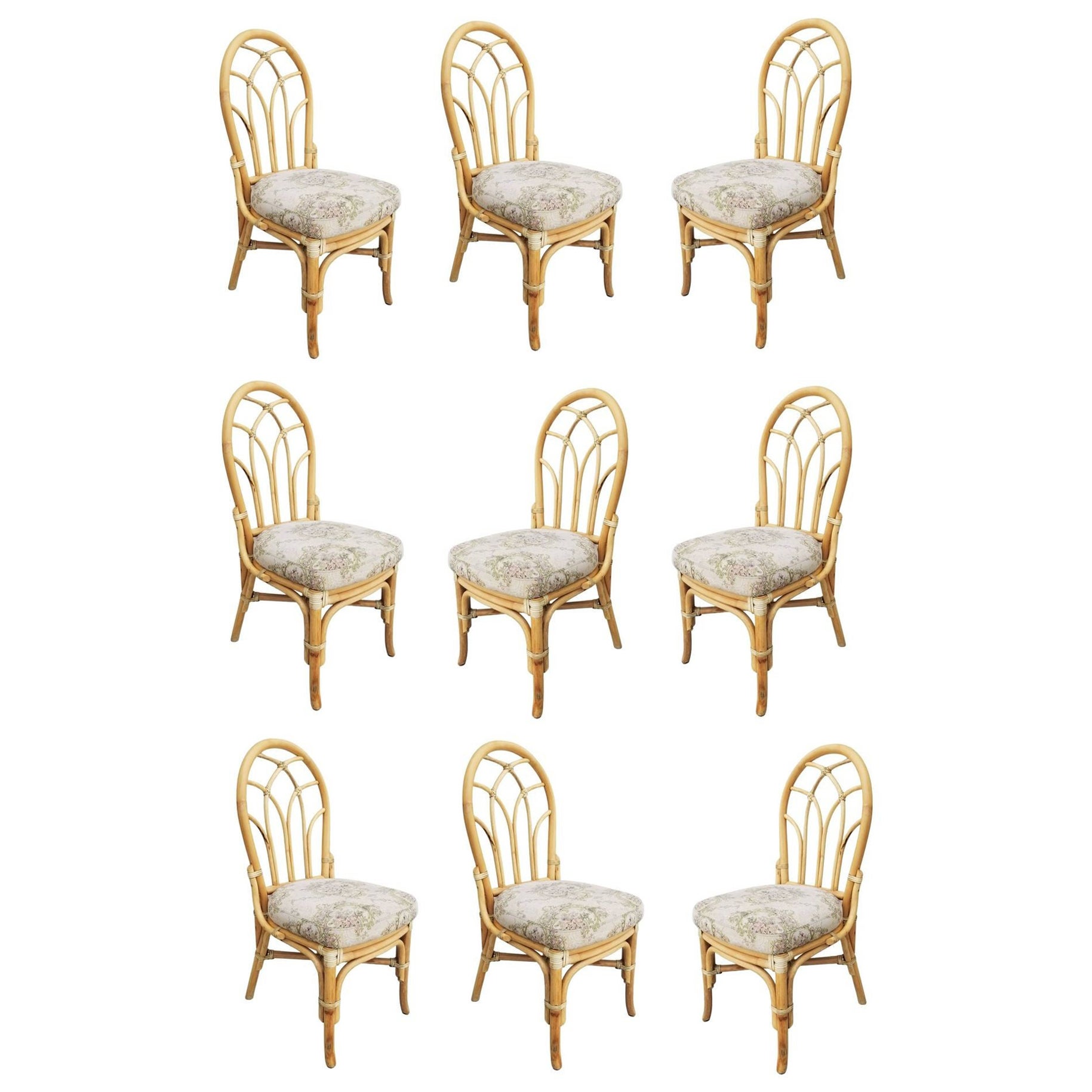 Chaises de salle à manger du milieu du siècle à dossier floral en rotin à 3 brins, ensemble de 9 chaises restaurées