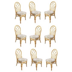 Used Restored Midcentury 3 Strand Rattan Floral Back Dining Chairs, Set of 9