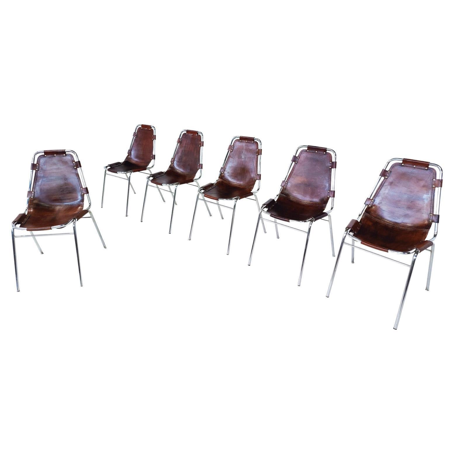 Midcentury Set of 6 Leather Les Arcs Chairs, Dalvera, Selected by Perriand For Sale