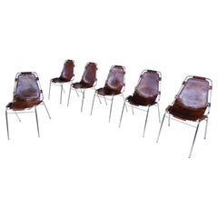 Vintage Midcentury Set of 6 Leather Les Arcs Chairs, Dalvera, Selected by Perriand