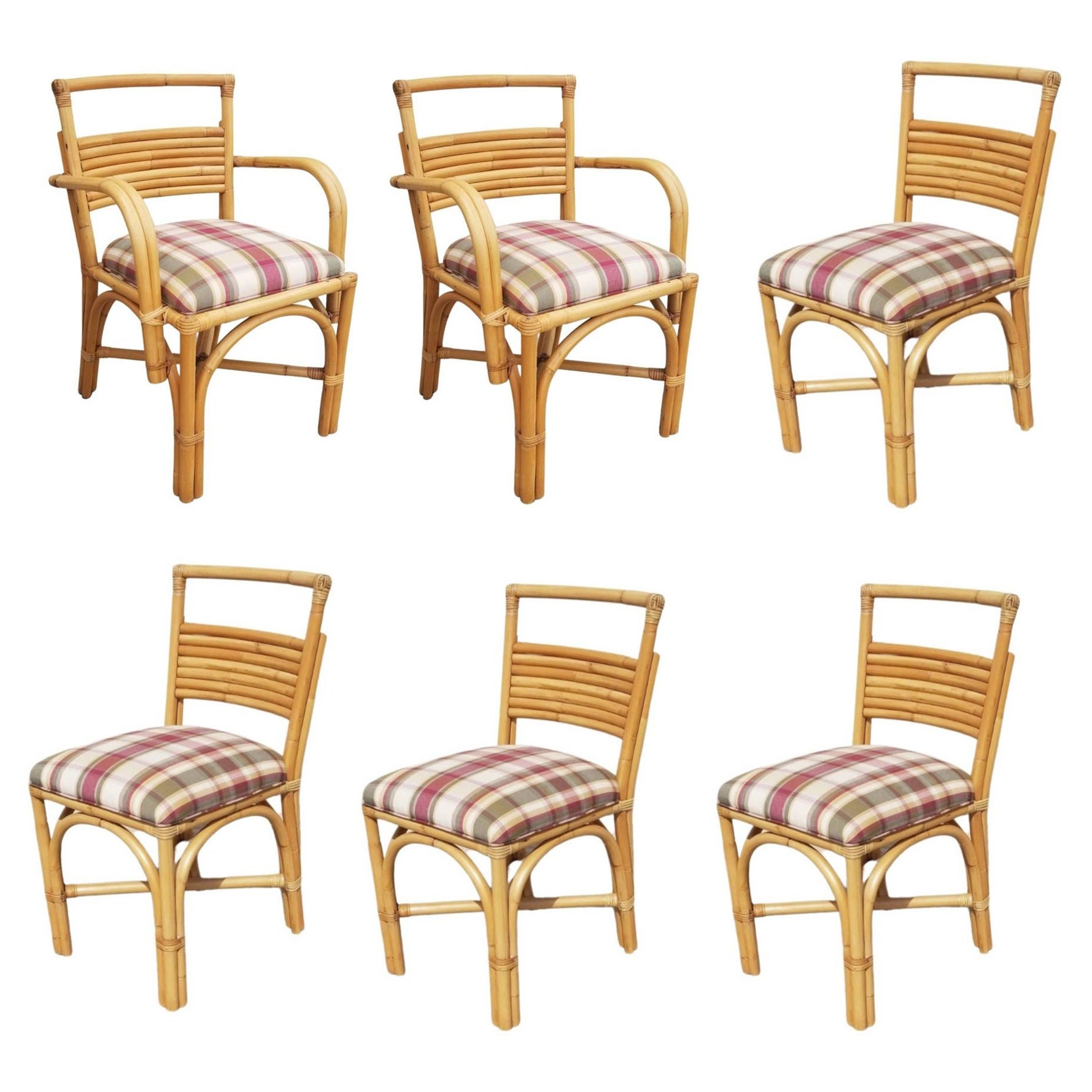 Restored Double Arch Arm Rattan Dining Chairs w/ 7 Strand Back, Set of 6 For Sale