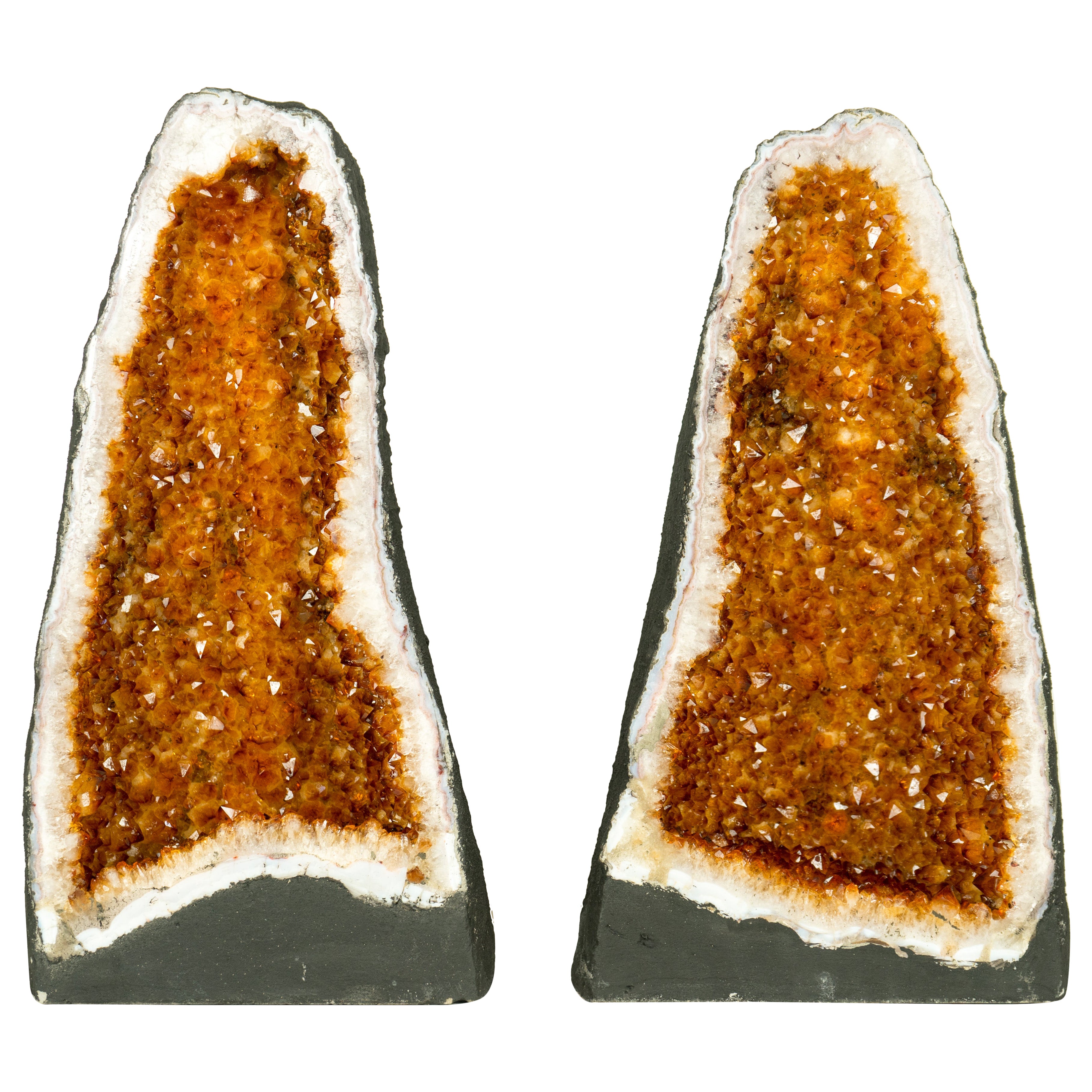 Pair of Citrine Geode Cathedrals with Sparkling AAA-Grade, Rich Orange Druzy