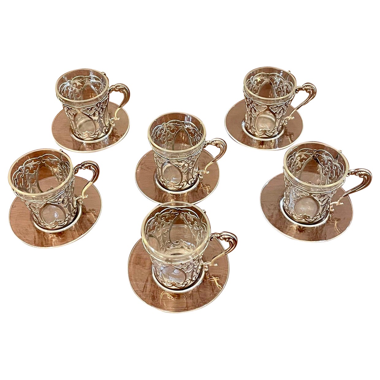 Fine Quality Set of 6 Antique Edwardian Solid Silver and Glass Coffee Cups For Sale