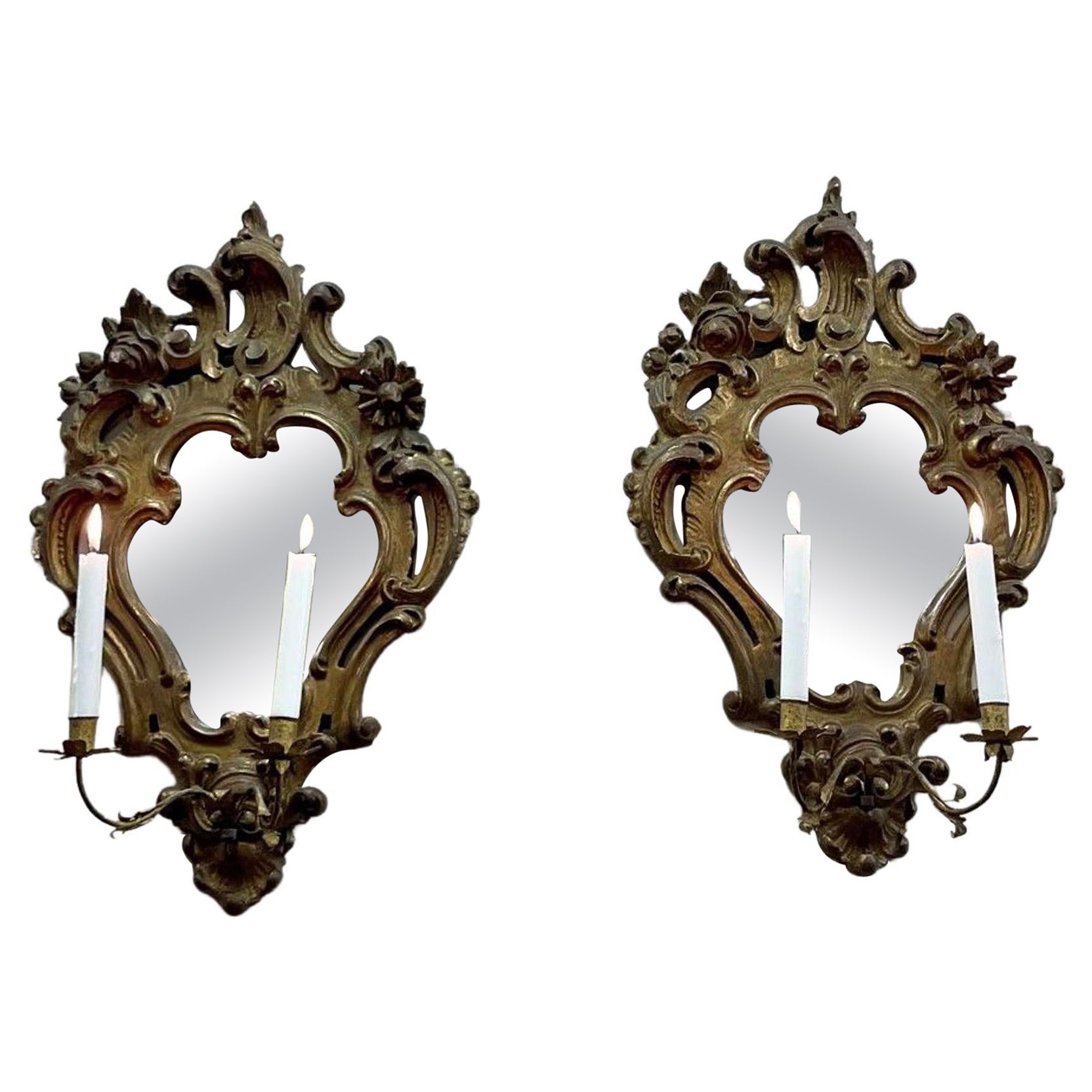 Pair of 19th Century Venetian Mirrors & Sconces For Sale
