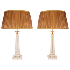 Used Italian Crystal Glass Lamps Gold Gilded Brass Lucite Table Lamp a Pair