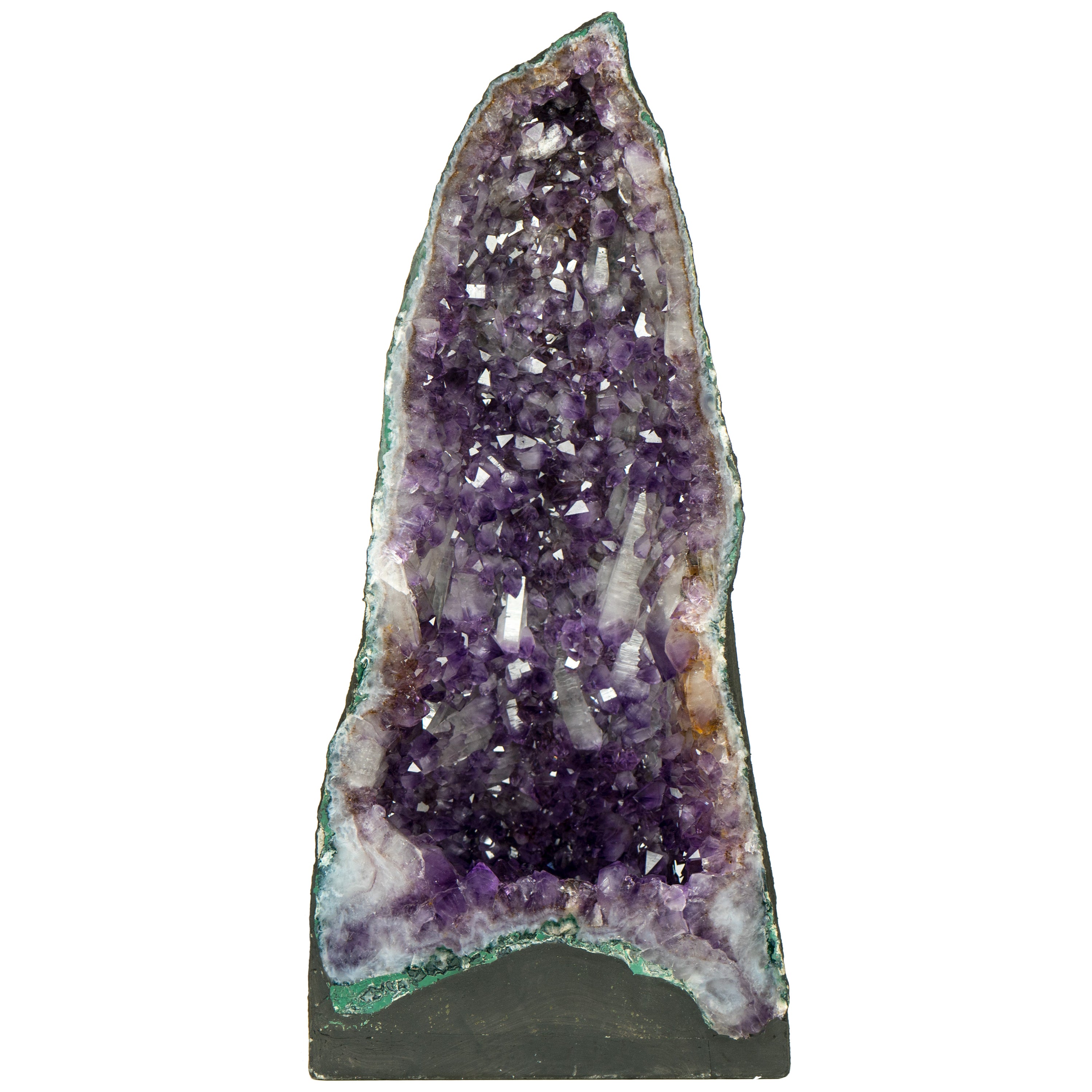 Große tieflila Amethyst-Kristall-Geode-Kathedrale mit seltener Druzy-Formation