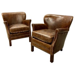 Pair of Petite Distressed Leather Club / Lounge / Arm Chairs, Danish Style