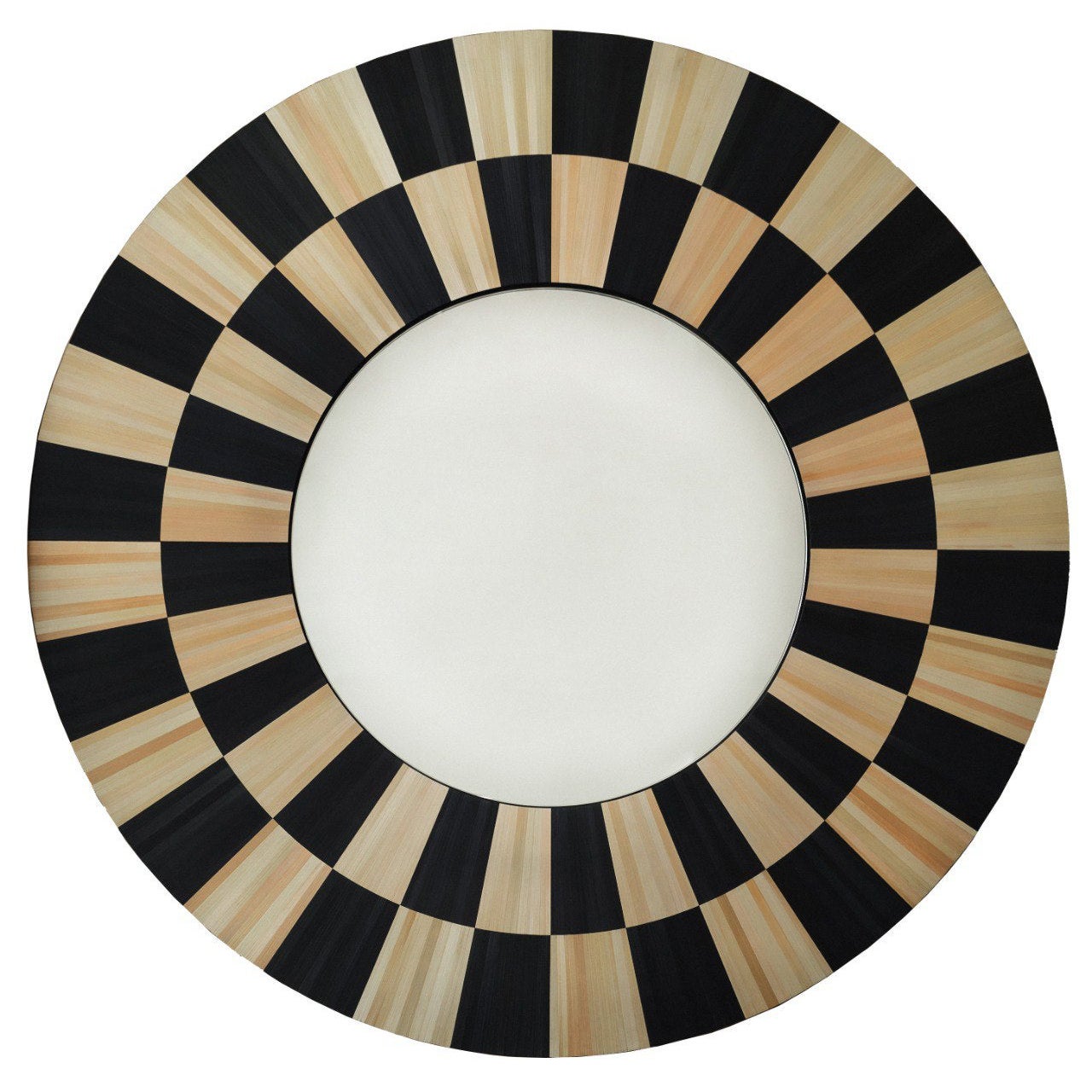 Wall Mirror Checkerboard Straw Marquetry Inlay Handcrafted Black&White Round For Sale