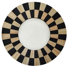 Wall Mirror Checkerboard Straw Marquetry Inlay Handcrafted Black&White Round