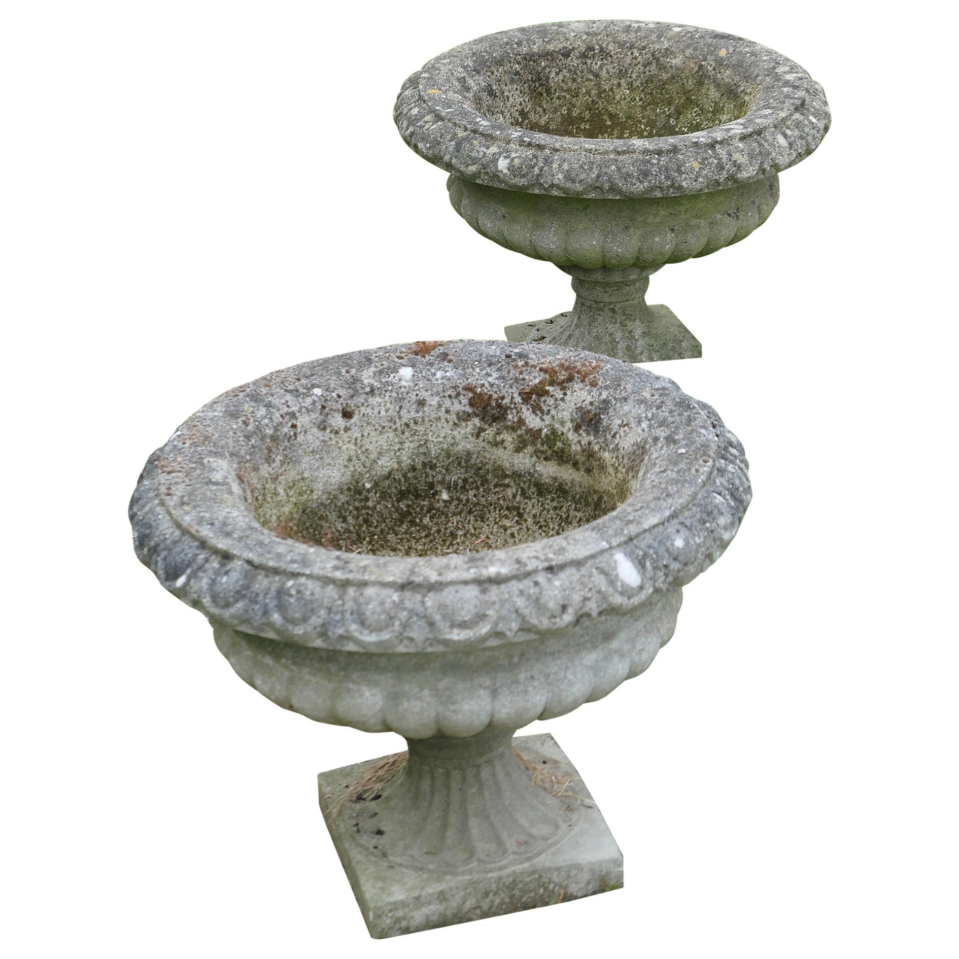 Set of 4 Large Weathered Cast Stone Garden Planters For Sale