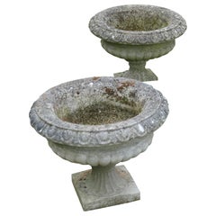 Set of 4 Large Weathered Cast Stone Garden Planters