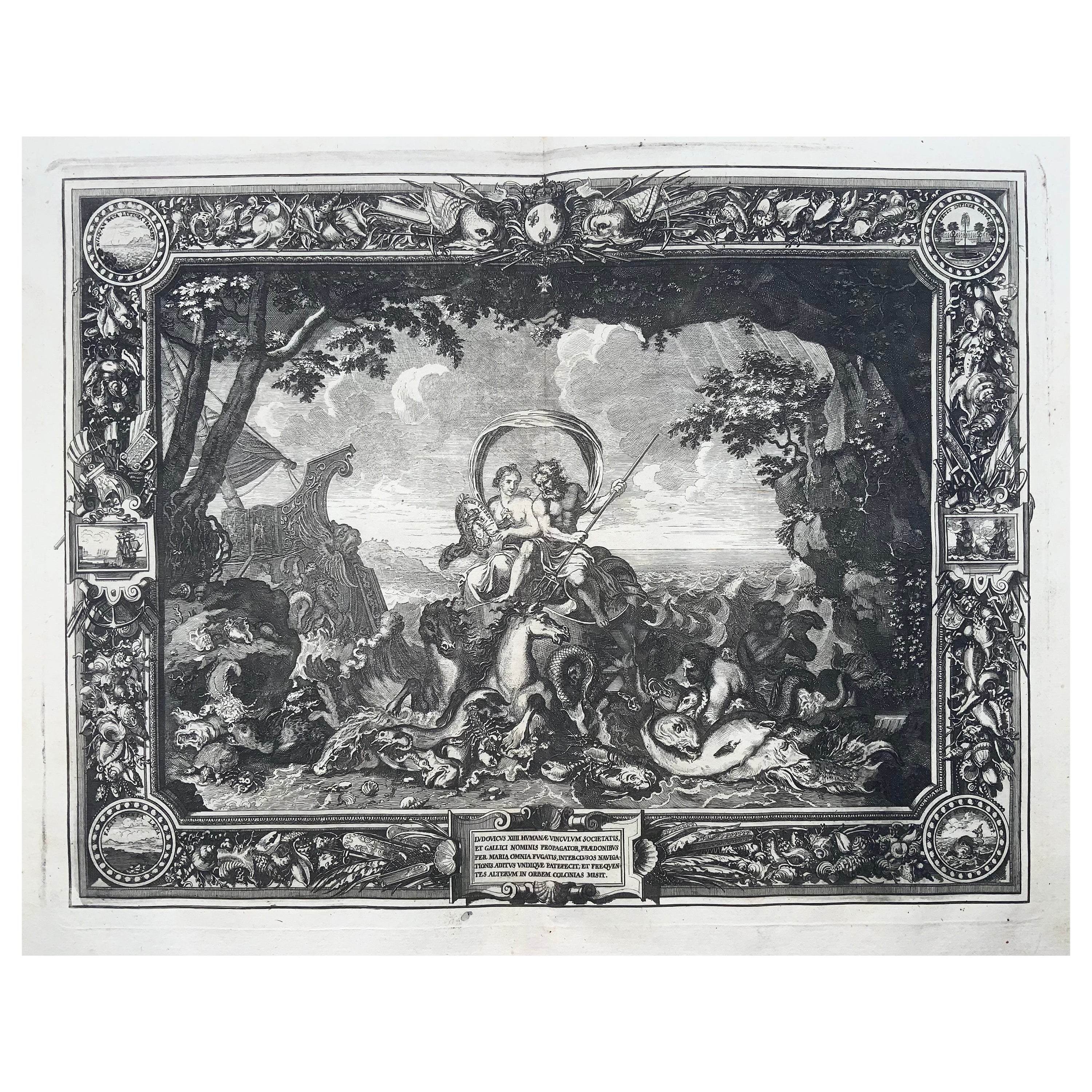 1679 Allegory, Water, Neptune, Sébastien Leclerc, Large Folio, Ornament For Sale