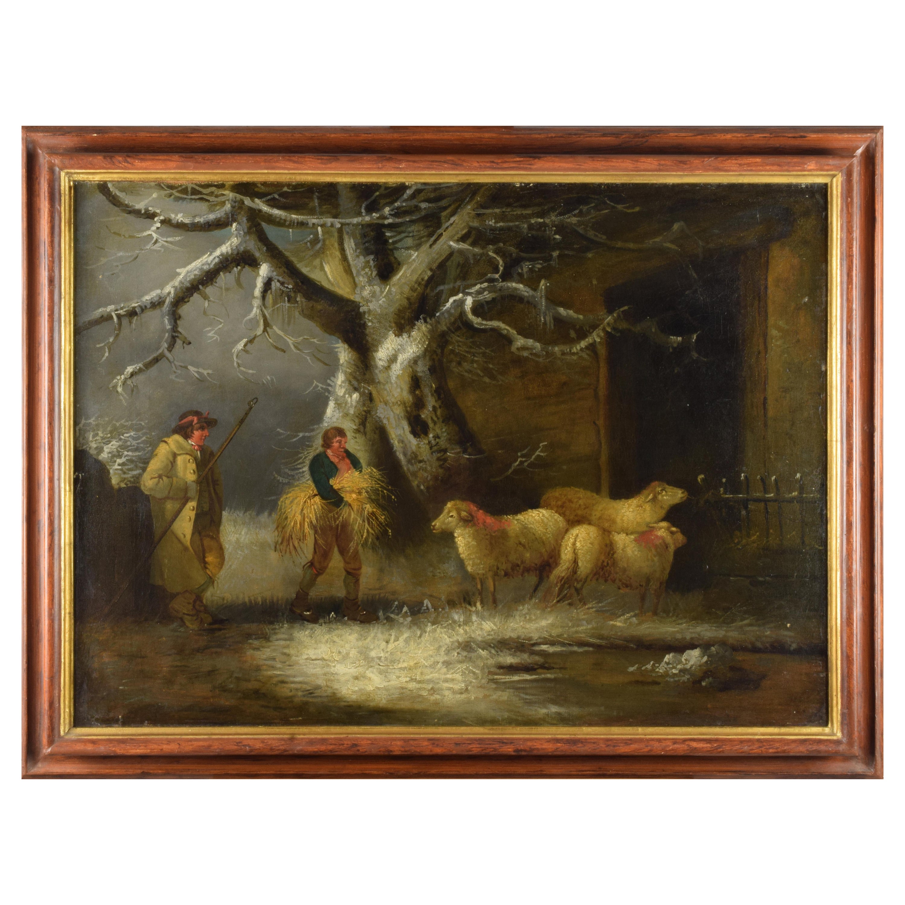 Huile sur toile d'une ferme d'hiver du 18e siècle, personnages dans un paysage de neige en vente