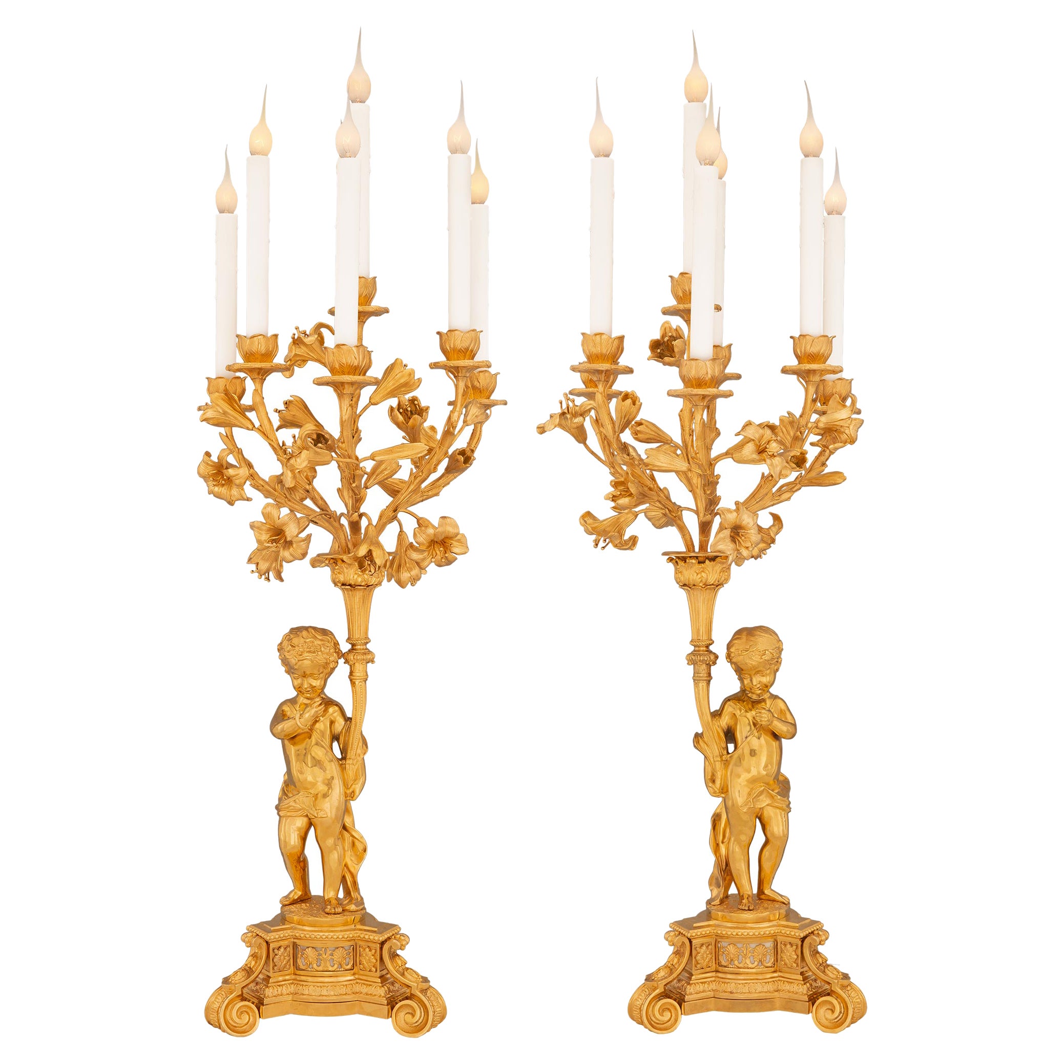 True Pair of French 19th Century Belle Époque Period Ormolu Candelabra Lamps For Sale