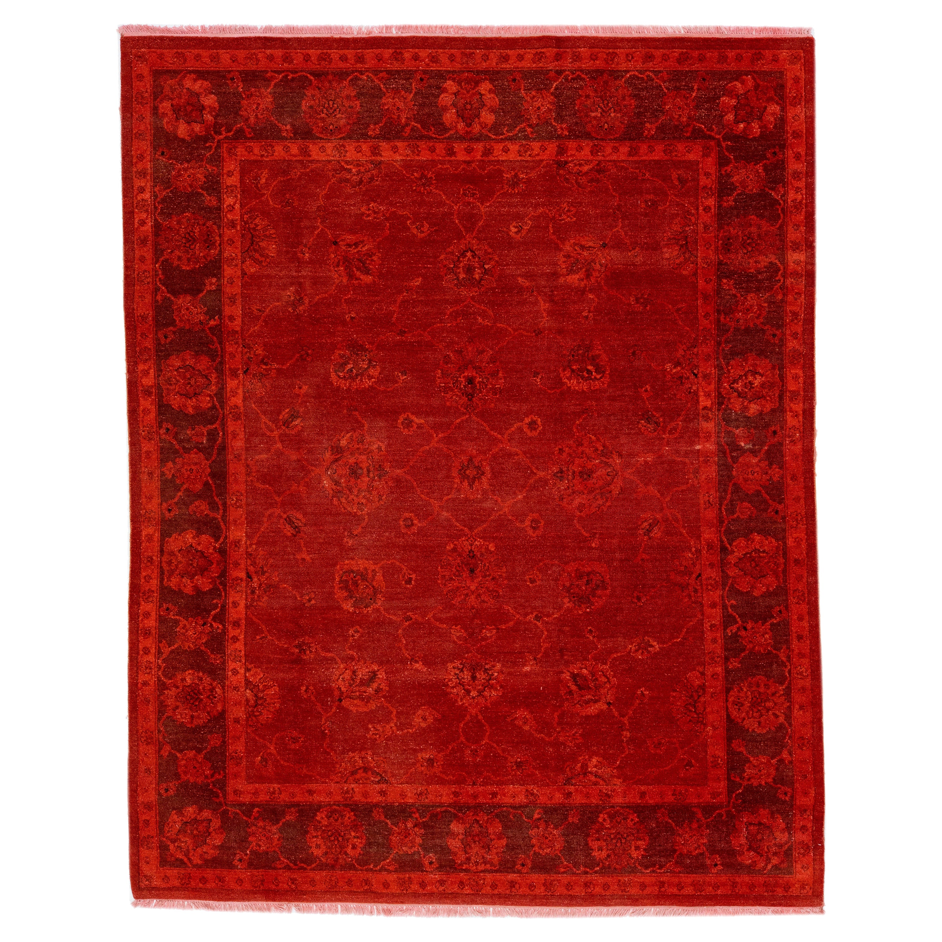 Handmade Overdye Red Modern Art & Crafts Wool Rug with a Floral Pattern For Sale